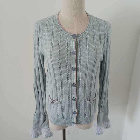 CHANEL Vintage Logo Open Front Cardigan #36 Light blue wool sweater - Picture 1 of 12